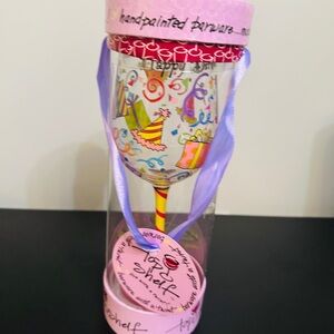 Top Shelf Happy Birthday Hand Painted Colorful Wine Glass New with Tag